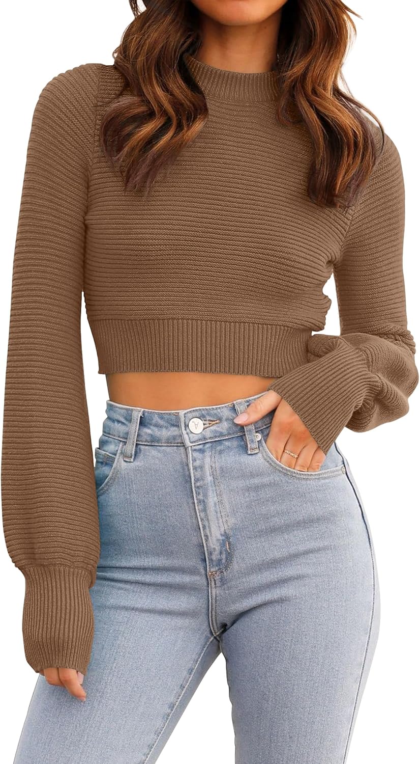 ZESICA Women's Fall Mock Neck Cropped Sweater Long Sleeve Soft Ribbed Knit Pullover Jumper Tops