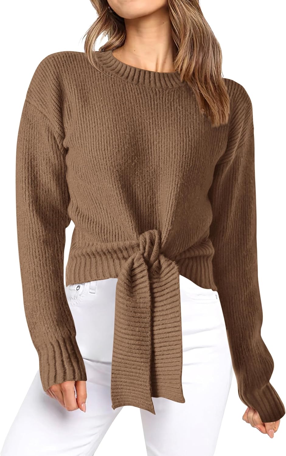 Okiwam Women's Long Sleeve Cropped Sweaters Casual Knit Pullover Tie Front Crew Neck Fall Outfits Fashion Clothes 2025