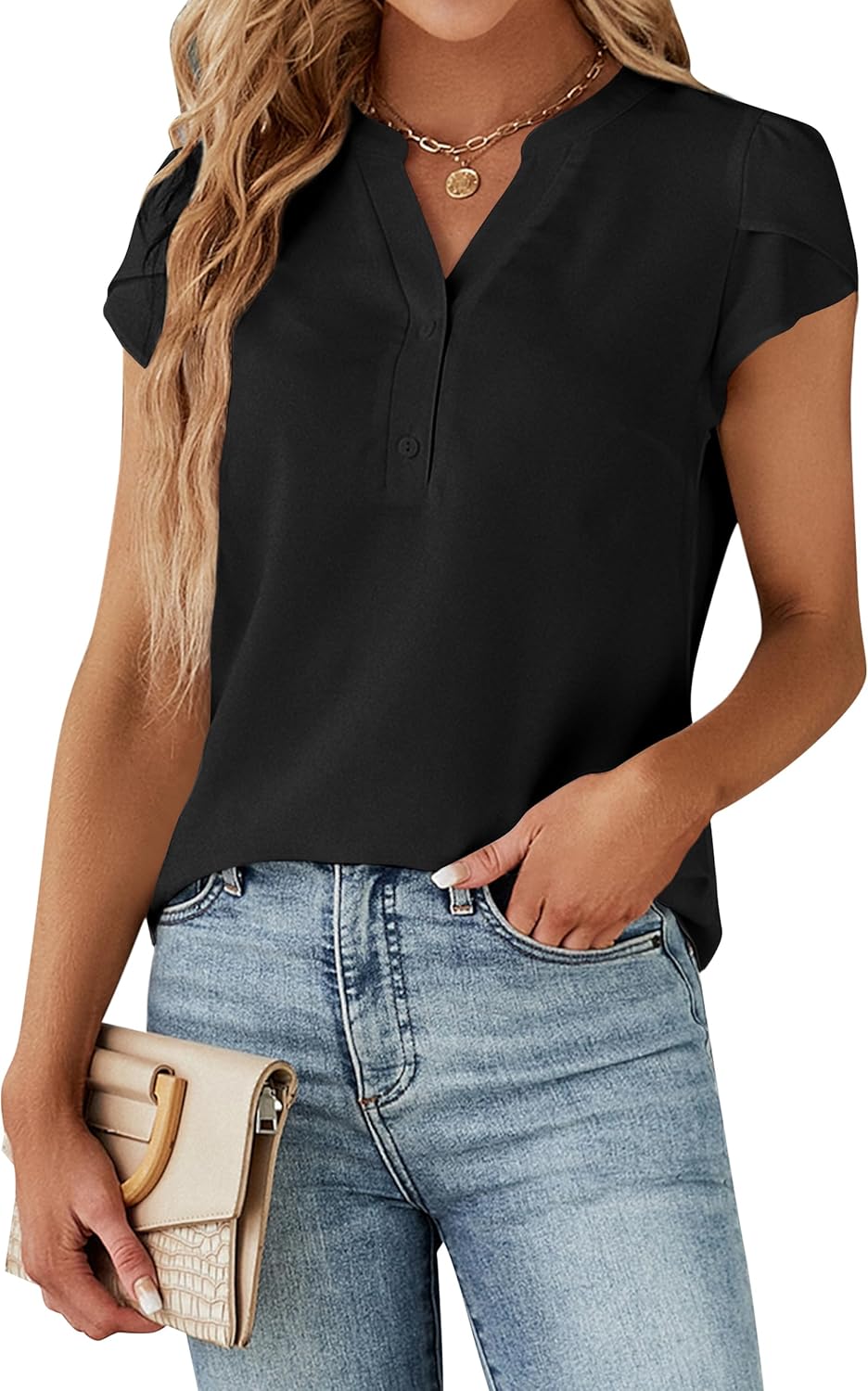 Blooming Jelly Women's Dressy Casual Tops Business Work Blouses White Button Down Shirts Cap Sleeve V Neck Tshirt