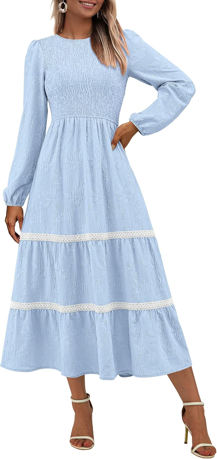 PRETTYGARDEN Long Sleeve Dress for Women 2025 Fall Elegant Modest Floral Boho Smocked Flowy Wedding Guest Midi Dresses