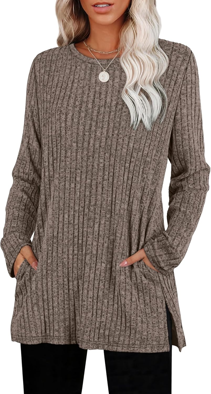 SAMPEEL Womens Sweaters Crewneck Long Sleeve Shirts with Pockets Fall Outfits 2025 Fashion Winter Clothing Side Slit