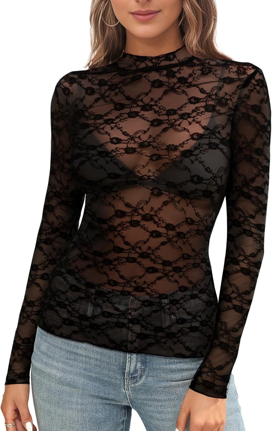 Buauty Mesh Long Sleeve Top for Women, Lace Sheer Tops See Through Mock Neck Floral Embroidery Sheer Blouce Fishnet Shirt