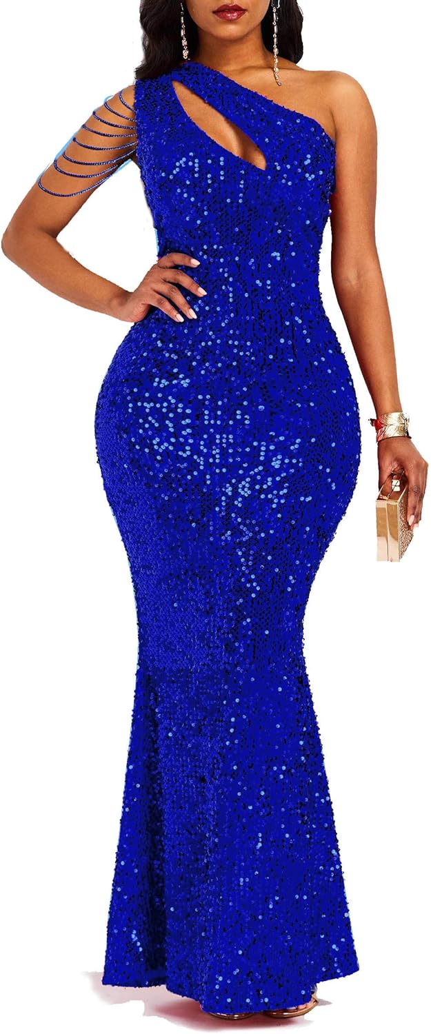 Cololura Women Sequin Elegant Sexy One Shoulder Tassel Mermaid Bodycon Cocktail Evening Dress