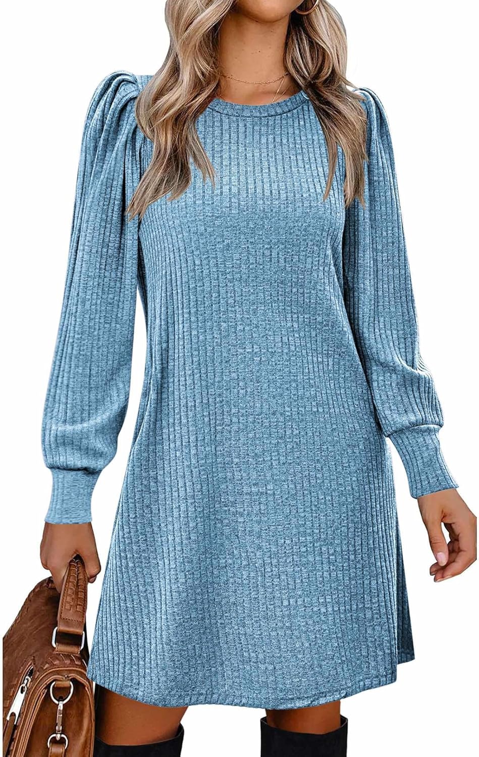 Zeagoo Women's Knit Dress with Puff Sleeves for Fall & Winter - Round Neck Casual Tunic Dress