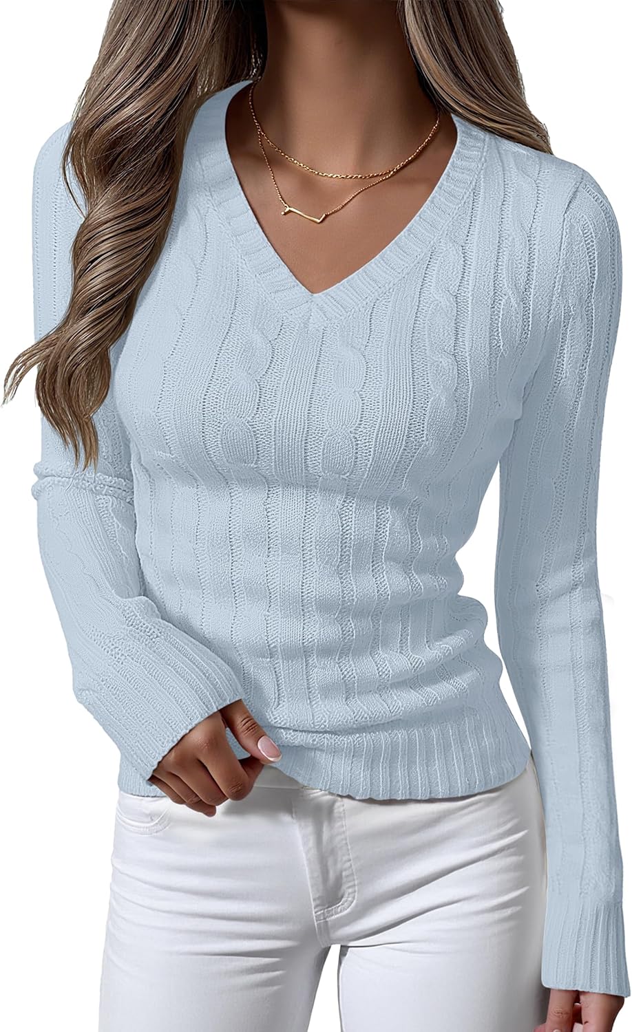 ANRABESS Womens Long Sleeve Cable Knit Sweater 2025 Fall Fashion V Neck Fitted Pullover Top Business Casual Work Fall Outfits