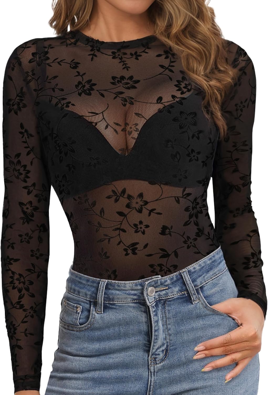 Buauty Mesh Long Sleeve Top for Women, Lace Sheer Tops See Through Mock Neck Floral Embroidery Sheer Blouce Fishnet Shirt