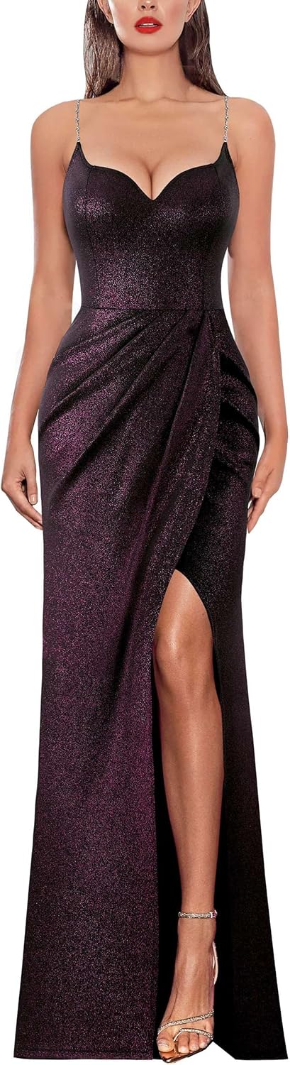 VFSHOW Womens Sexy Formal Ruched Fitted High Slit Bodycon Maxi Dress Spaghetti Strap Sweetheart Cocktail Prom Evening Gown