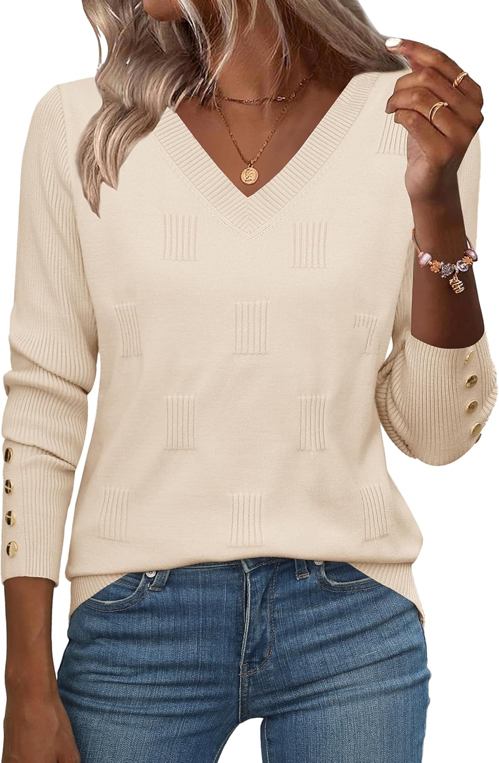 Zeagoo Womens V Neck Sweaters Shirts Long Sleeve Lightweight Ribbed Knit Pullover Sweater Blouse Tops with Buttons Oufits