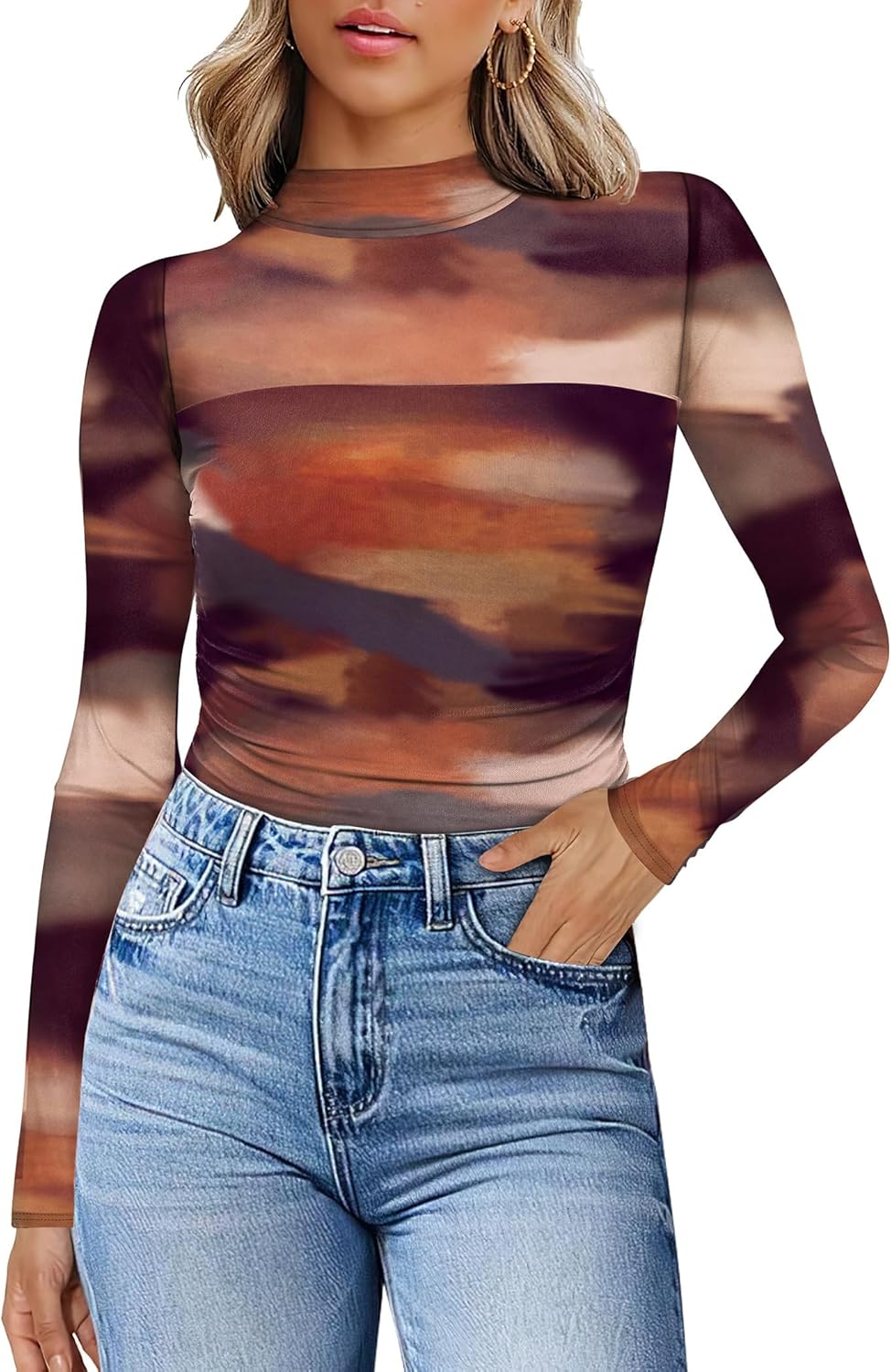 Womens Sexy Mesh Long Sleeve Shirts Fashion Clothing Turtle Necks Sheer Ruched Going Out Tops Fall Outfits Slim Fit Blouses