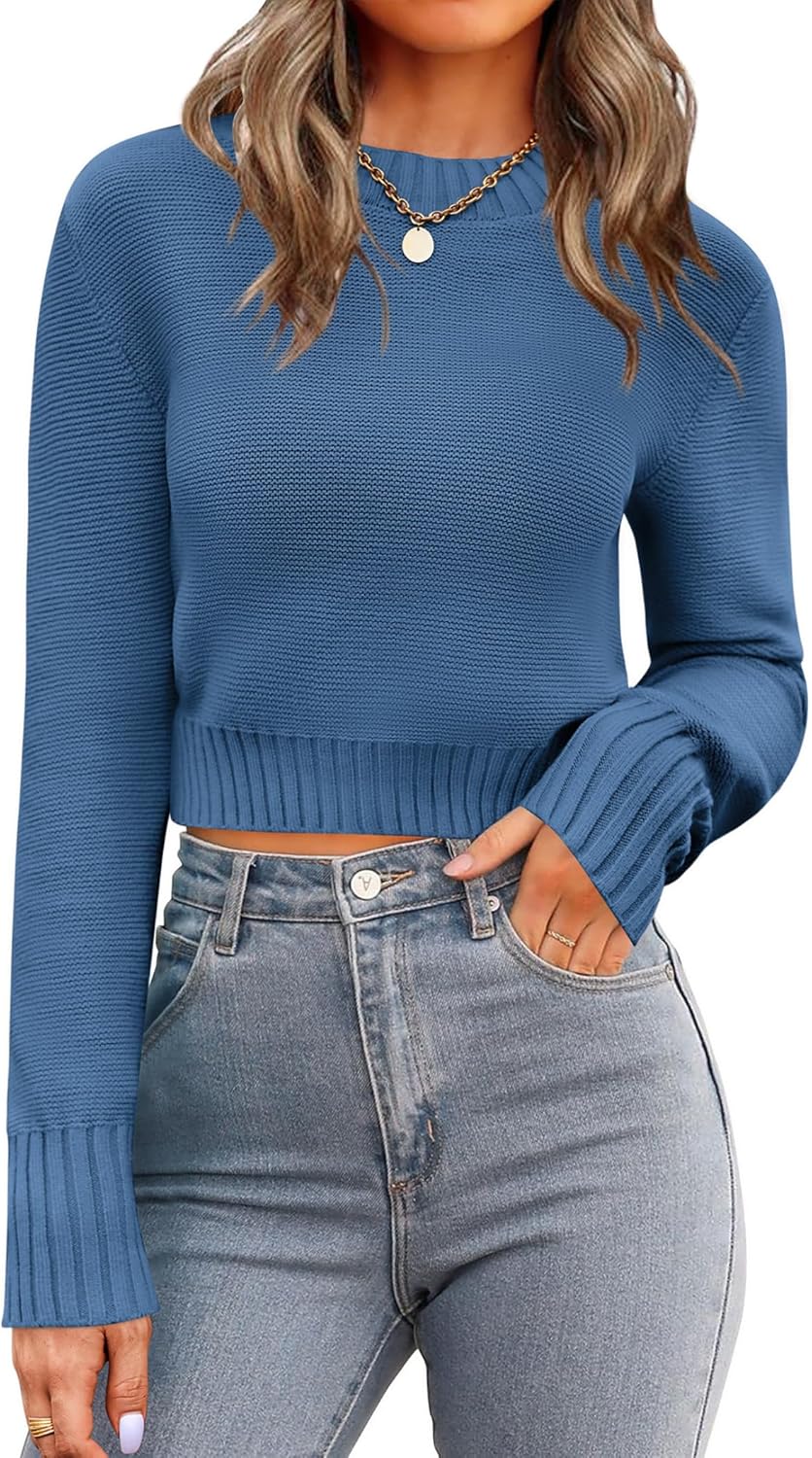 Zeagoo Women's 2025 Fall Crewneck Cropped Sweater Trendy Long Sleeve Ribbed Knit Pullover Jumper Tops