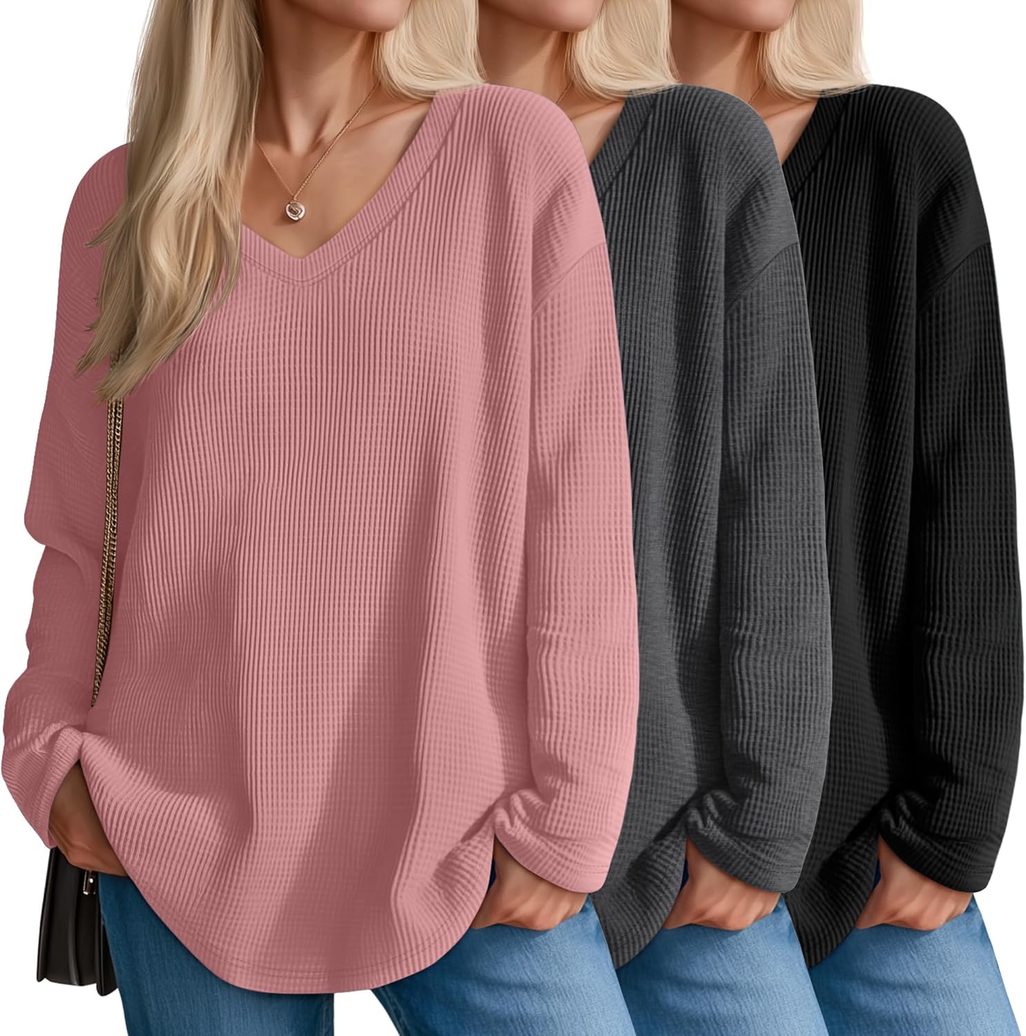 3 Pack Women's Oversized Waffle Knit Shirts, V Neck Long Sleeve Top Fall Casual Sweatshirt for Women
