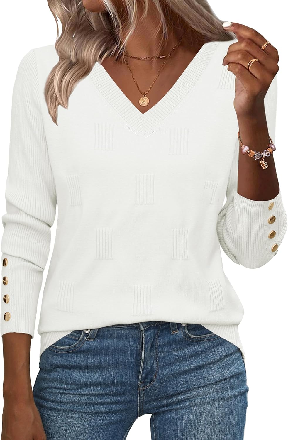 Zeagoo Womens V Neck Sweaters Shirts Long Sleeve Lightweight Ribbed Knit Pullover Sweater Blouse Tops with Buttons Oufits