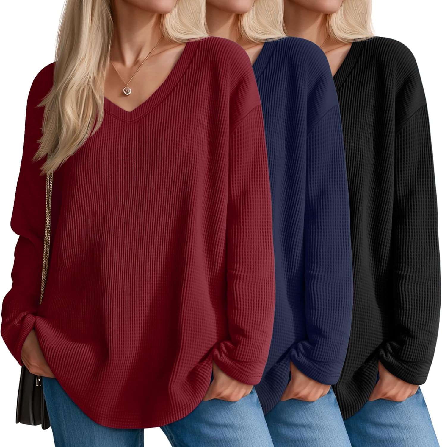 3 Pack Women's Oversized Waffle Knit Shirts, V Neck Long Sleeve Top Fall Casual Sweatshirt for Women