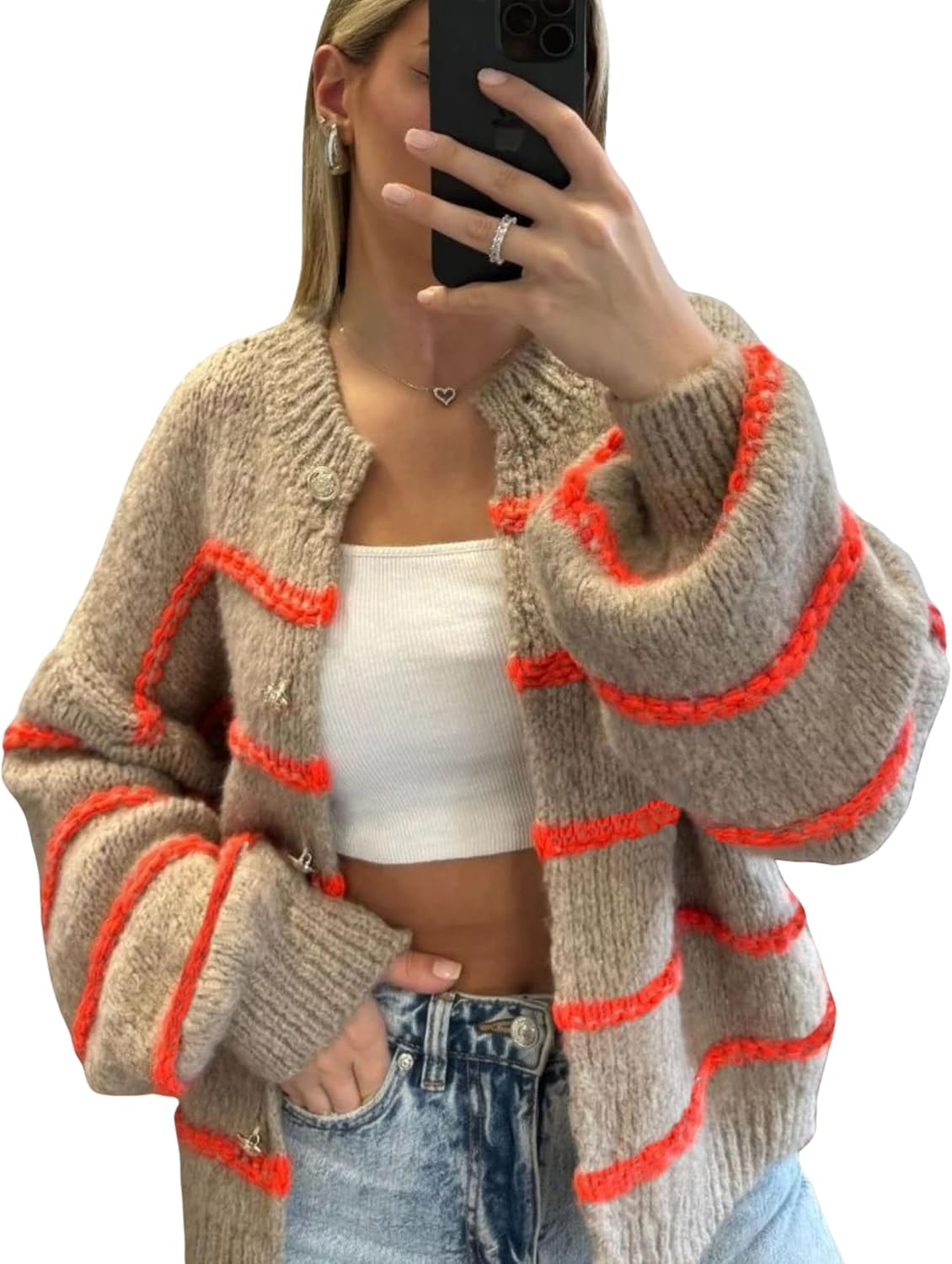 QIBABU Womens Striped Cardigan Sweaters Casual Open Front Long Sleeve Button Down Knit Outwear