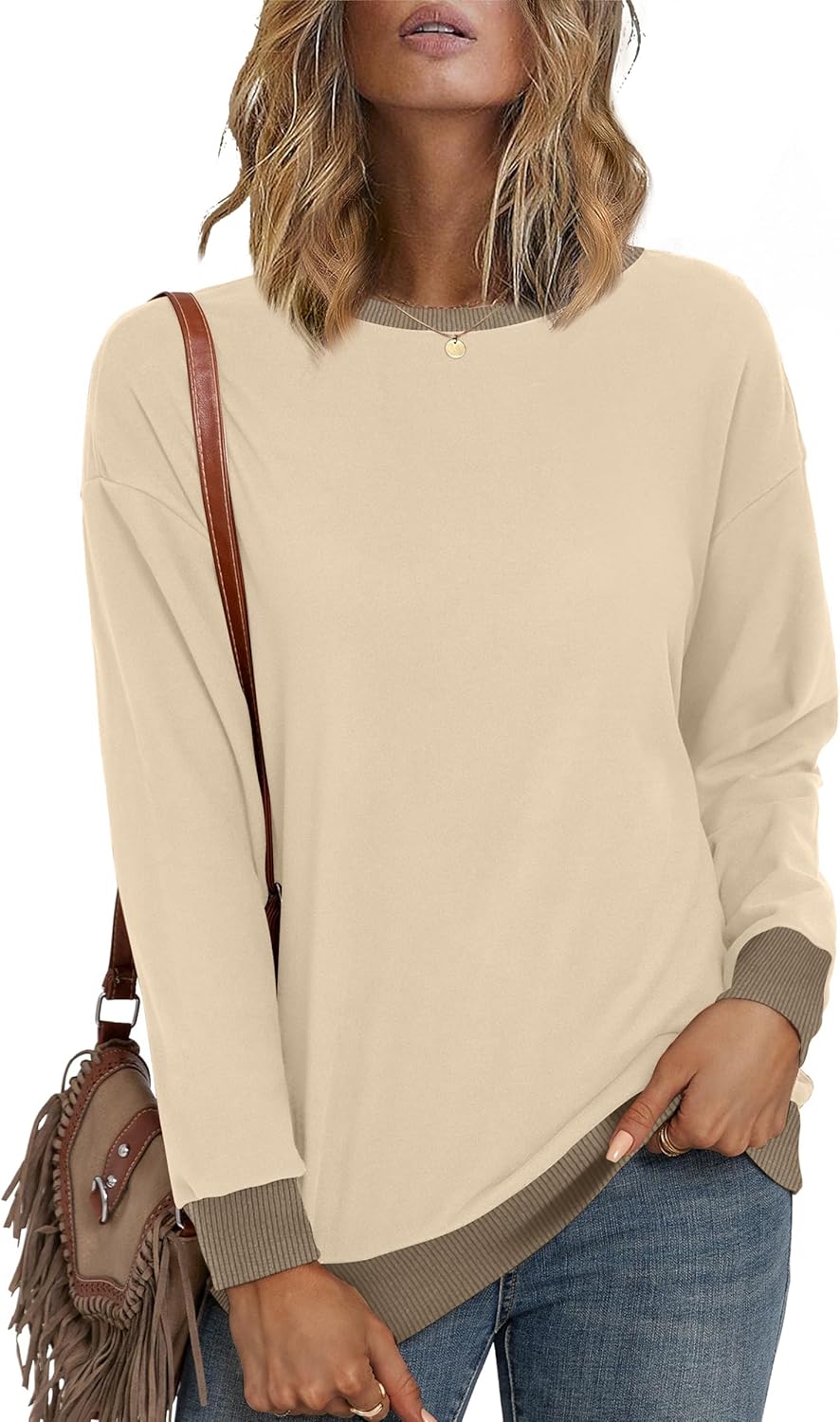 Desol Crew Neck Sweatshirt for Women 2024 Color Block Comfy Pullover Long Sleeve Loose Fit Fall Tops