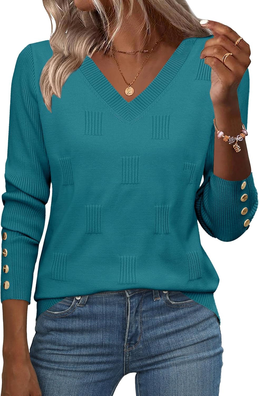 Zeagoo Womens V Neck Sweaters Shirts Long Sleeve Lightweight Ribbed Knit Pullover Sweater Blouse Tops with Buttons Oufits