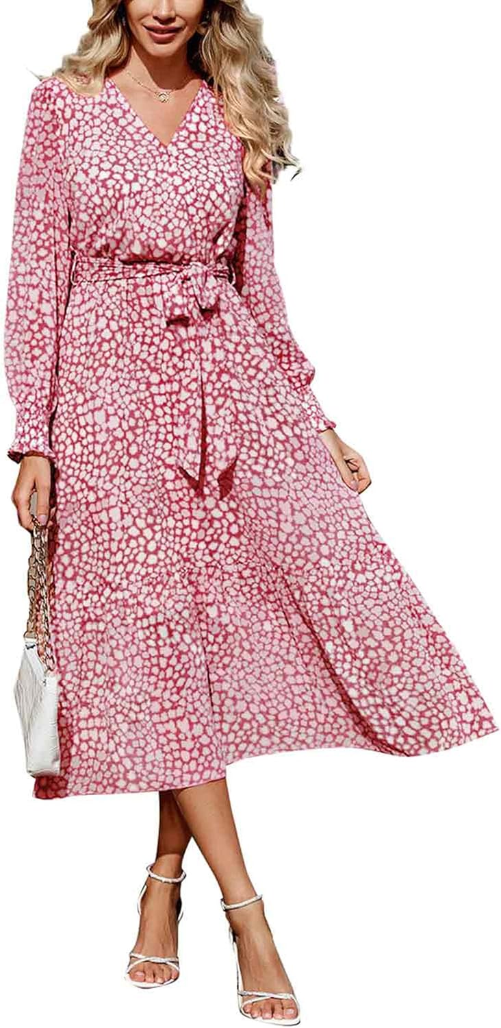 PRETTYGARDEN Women's Floral Boho Dress Fall Long Sleeve Wrap V Neck Ruffle Flowy Maxi Spring Wedding Guest Vacation Dresses