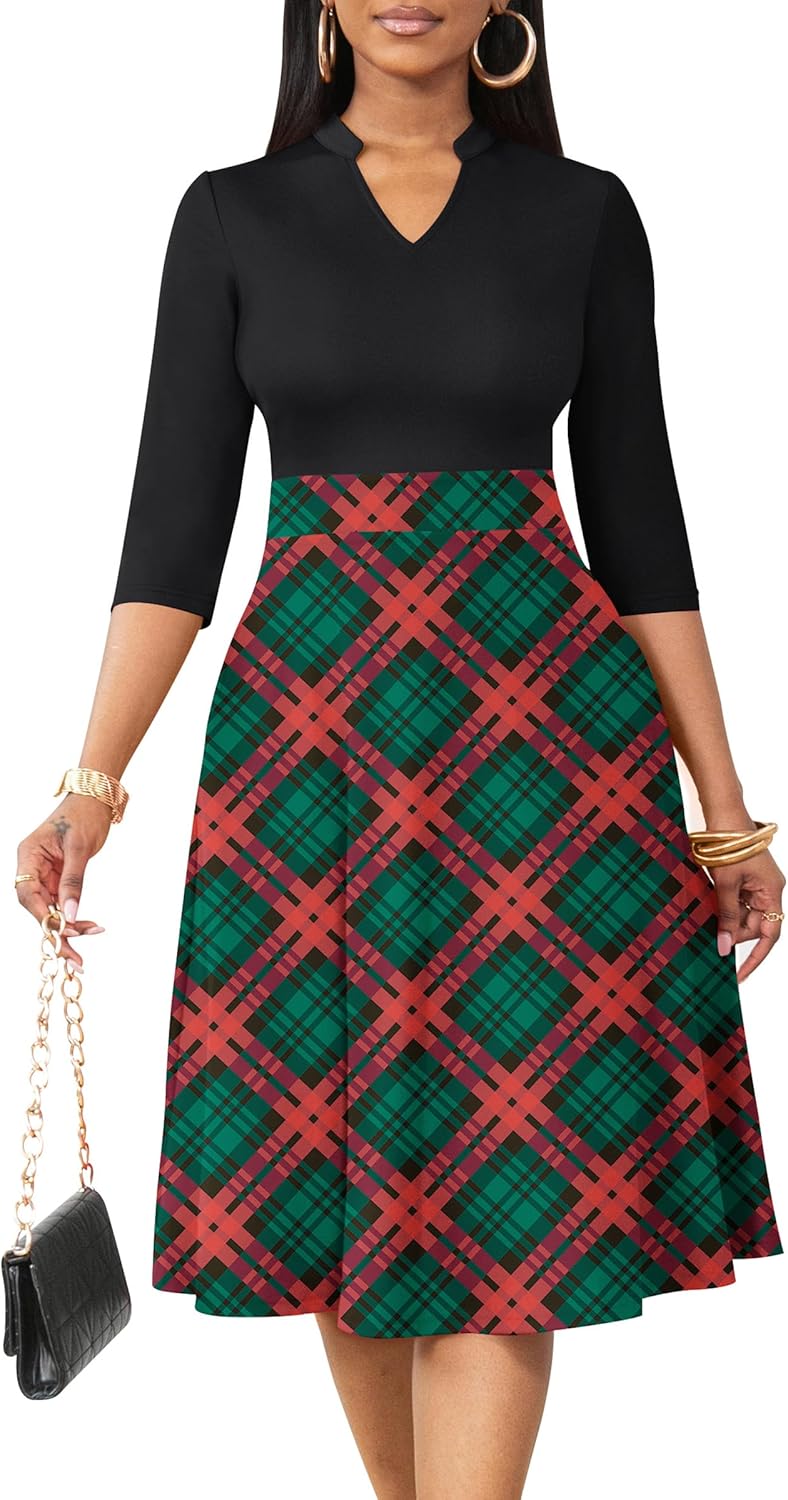 Nmoder Casual Dresses for Women Semi Formal Fit and Flare 3/4 Sleeve A-line Church Work Dress with Pockets