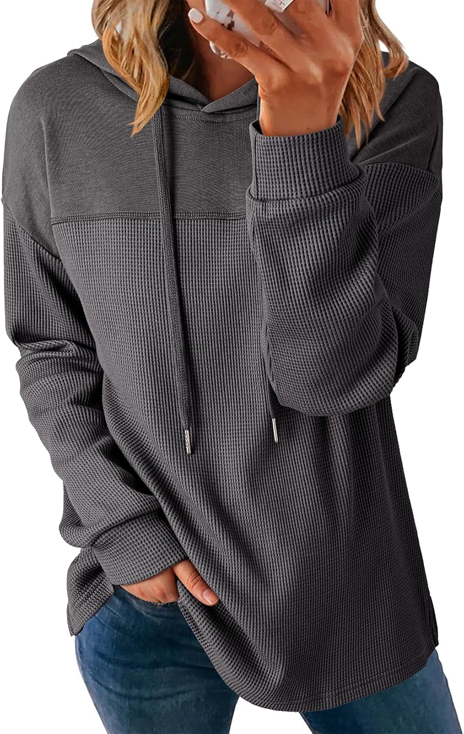Dokotoo Womens Hoodies Casual Waffle Knit Long Sleeve Drawstring Pullover Sweatshirts Lightweight Hooded Tops