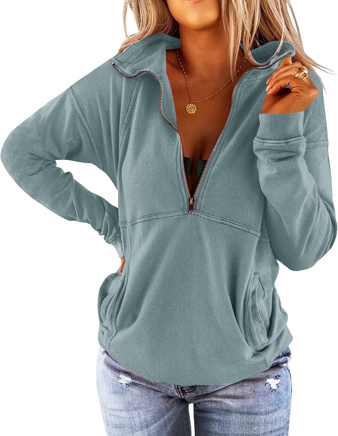 Floral Find Women's Long Sleeve Lapel Half Zip Up Sweatshirt Solid Stylish Loose Fit Casual Pullover Tops