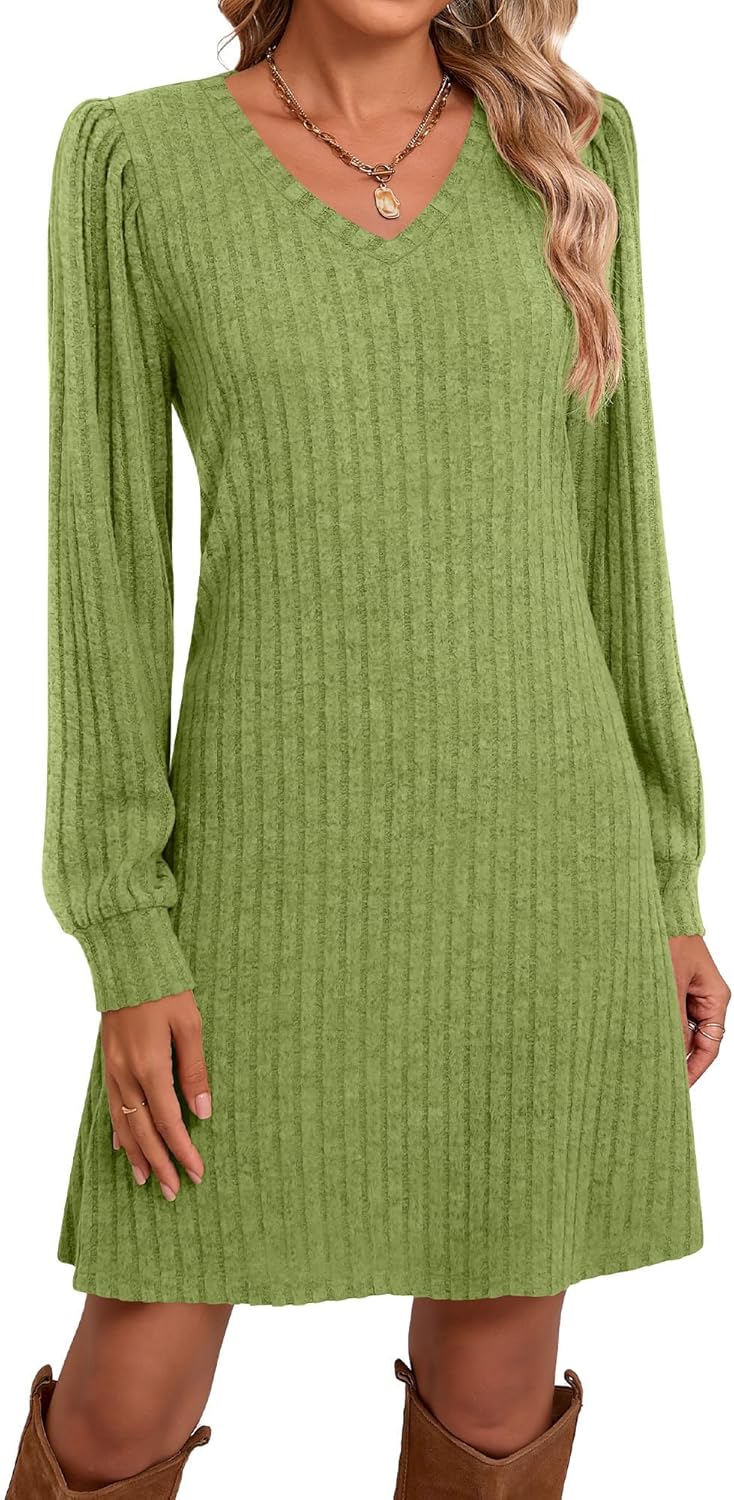 Ficerd Women's Knit Long Sleeve Sweater Dress Casual V Neck Tunic Dresses Fall Trendy Outfits