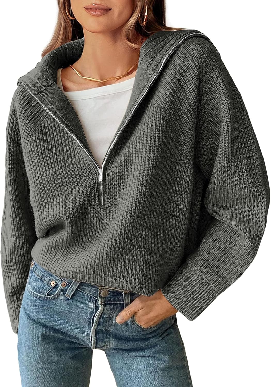BTFBM Womens Sweaters Quarter Zip Pullover V Neck Collar Long Sleeve Ribbed Knit Loose Casual 2025 Winter Fall Sweater