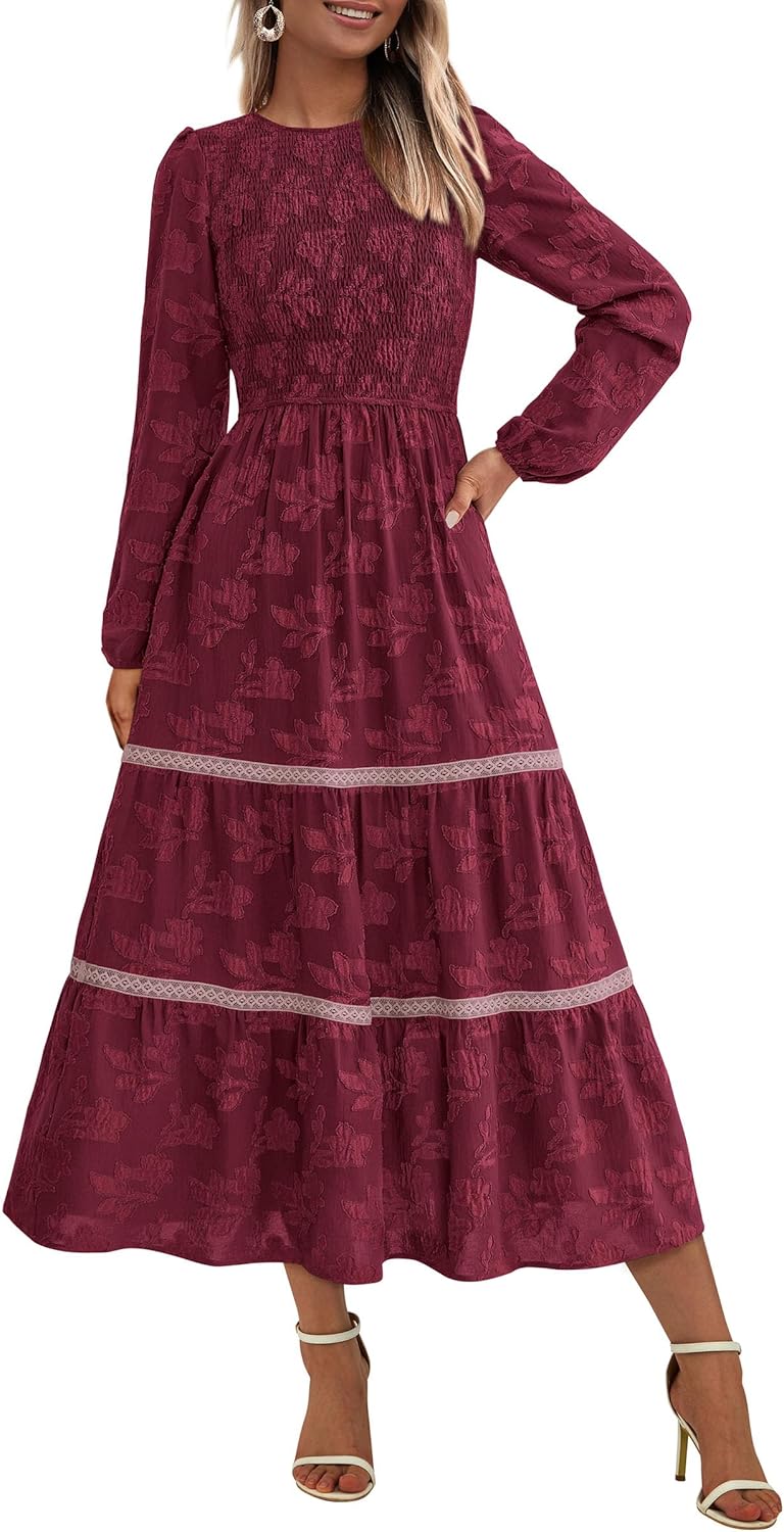 PRETTYGARDEN Long Sleeve Dress for Women 2025 Fall Elegant Modest Floral Boho Smocked Flowy Wedding Guest Midi Dresses