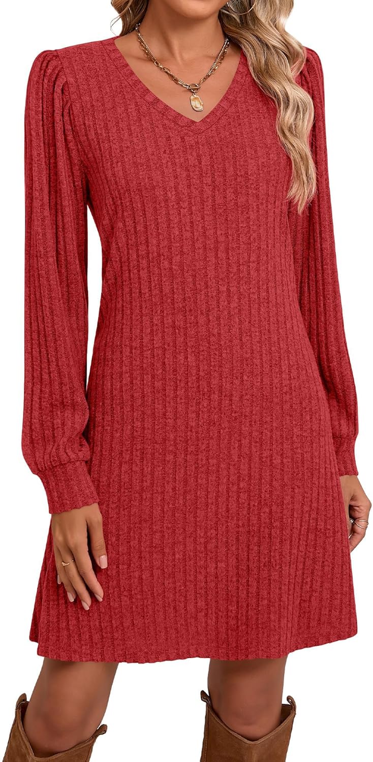 Ficerd Women's Knit Long Sleeve Sweater Dress Casual V Neck Tunic Dresses Fall Trendy Outfits