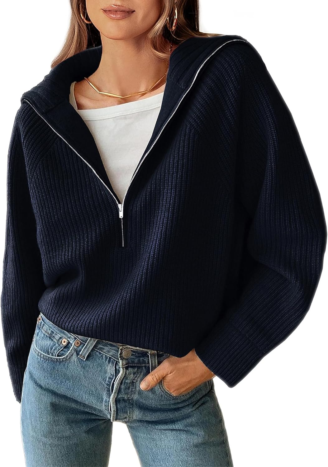 BTFBM Womens Sweaters Quarter Zip Pullover V Neck Collar Long Sleeve Ribbed Knit Loose Casual 2025 Winter Fall Sweater