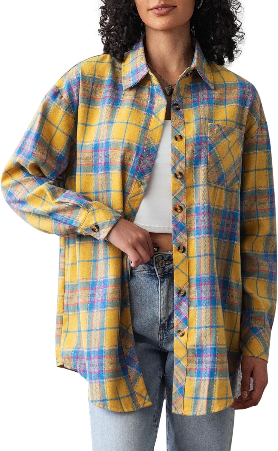 CHYRII Womens Button Down Flannel Shirts Long Sleeve Plaid Shackets Business Casual Blouse Top