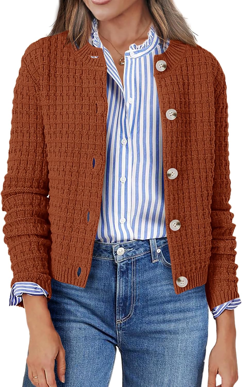 Zeagoo Women's 2025 Cardigan Sweaters Button Down Crew Neck Open Front Long Sleeve Knit Cropped Jackets