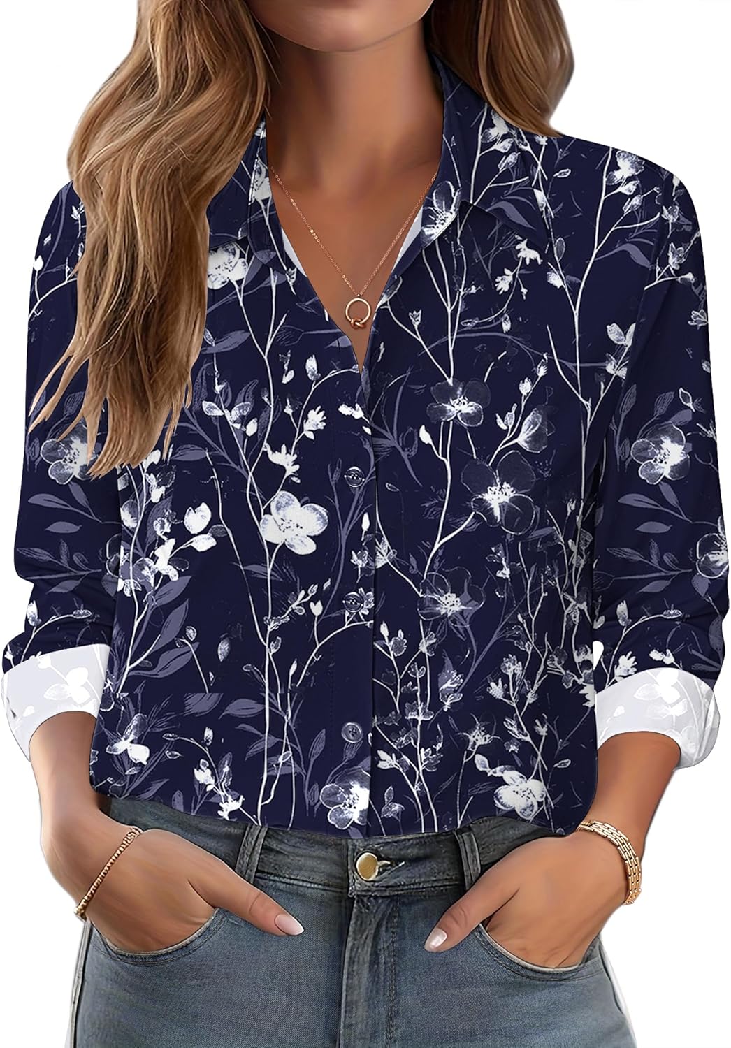 Zeagoo Button Down Shirts for Women Dressy Floral Printed Long Sleeve Blouse Business Casual Work Tops