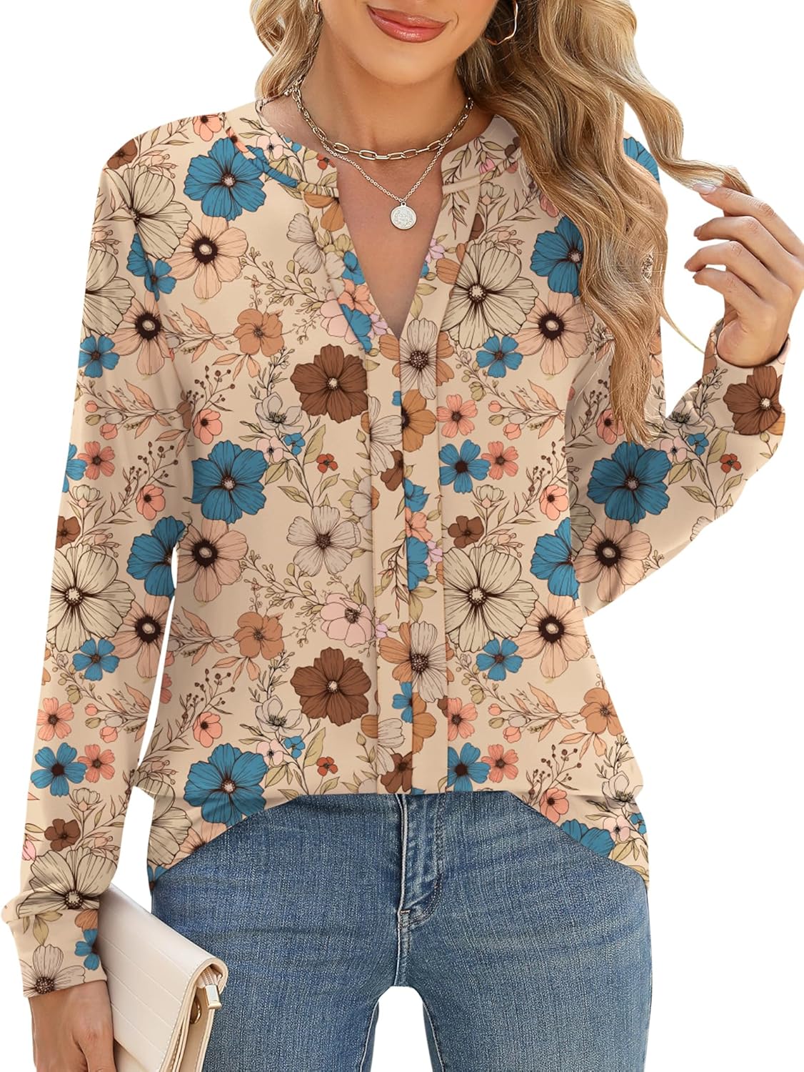 Micoson Womens Tops Dressy Casual Long Sleeve Business Knit T Shirts V Neck Pleated Work Blouses Loose Fall Trendy Clothes