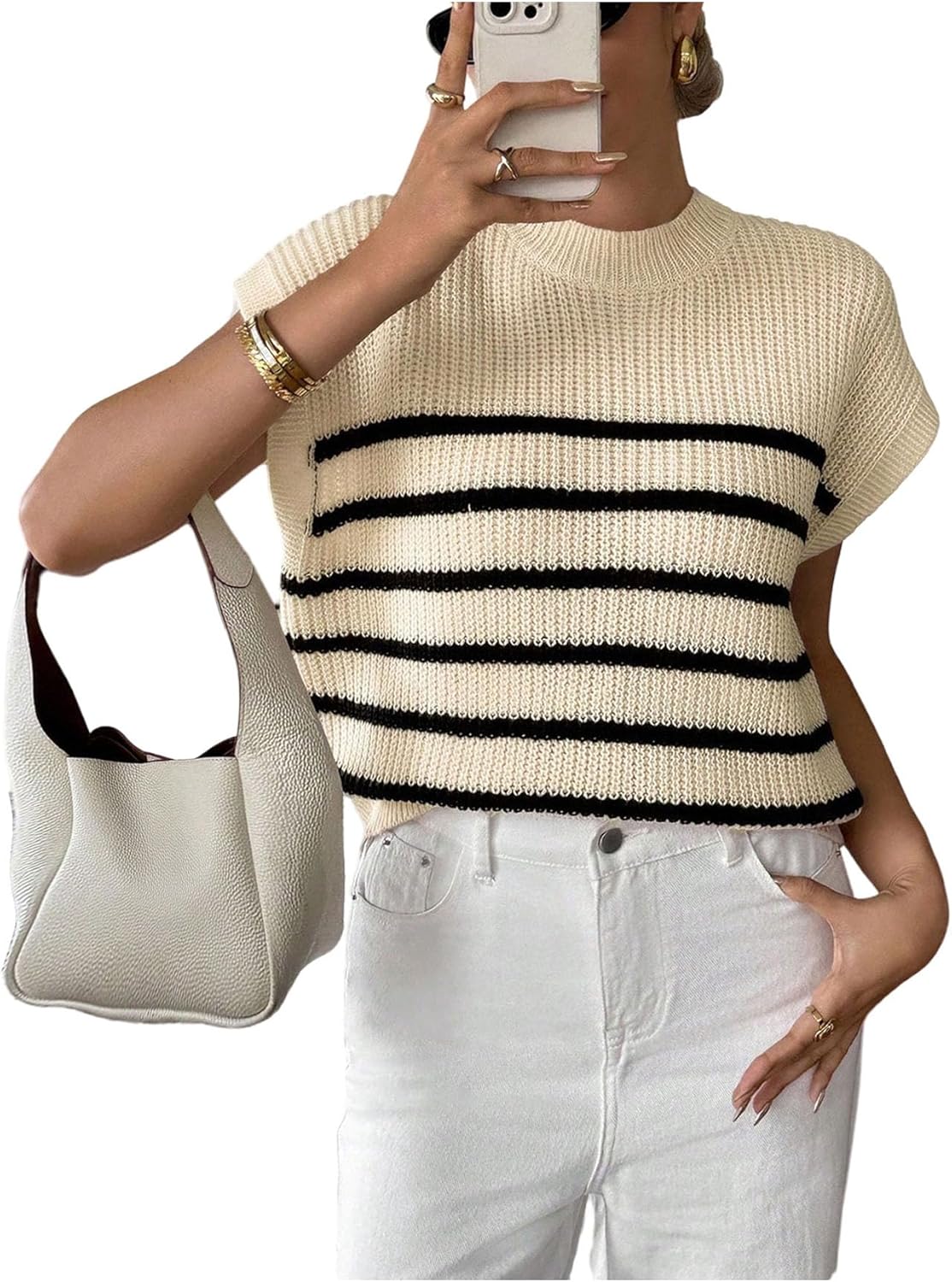 SOLY HUX Women's Ribbed Sweater Crew Neck Short Sleeve Loose Fit Floral Knit Pullover Tops