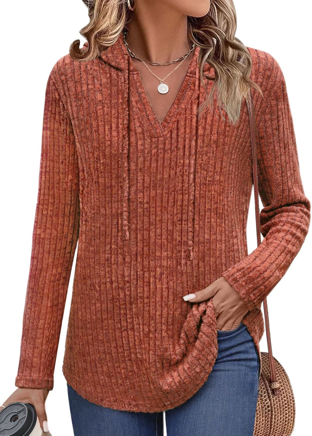 Lylinan Womens Long Sleeve Knit Hoodies V Neck Pullover Tops Ribbed Sweaters Fall Fashion Clothes S-XXL