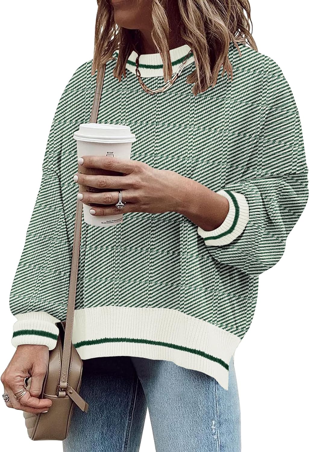 ETCYY Womens Oversized Sweaters Fall 2025 Fashion Clothes Trendy Batwing Sleeve Colorblock Striped Knit Pullover Tops