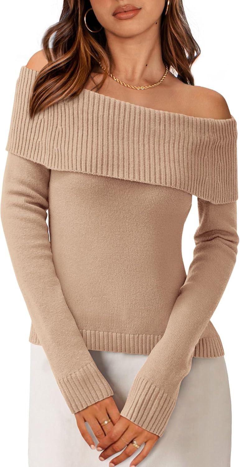 PRETTYGARDEN Off The Shoulder Sweater for Women 2025 Fall Fashion Cute Long Sleeve Tops Winter Ribbed Pullover Knit Outfits