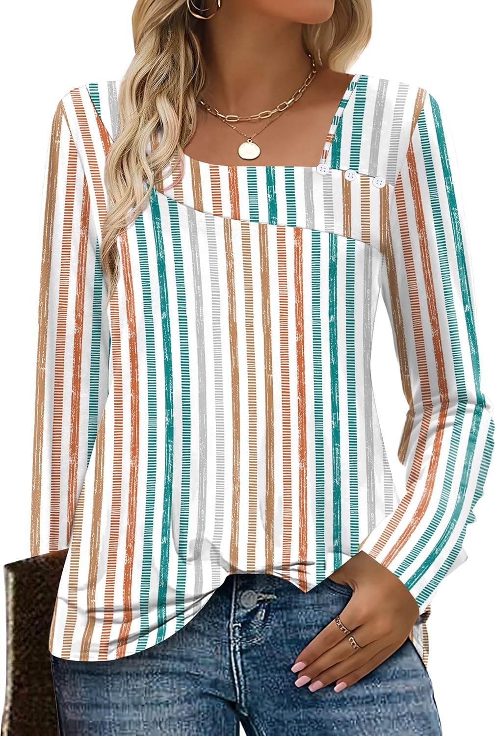 OFEEFAN Long Sleeve Shirts for Women Fall Clothes Asymmetric Square Neck Tunic Tops Decorative Buttons