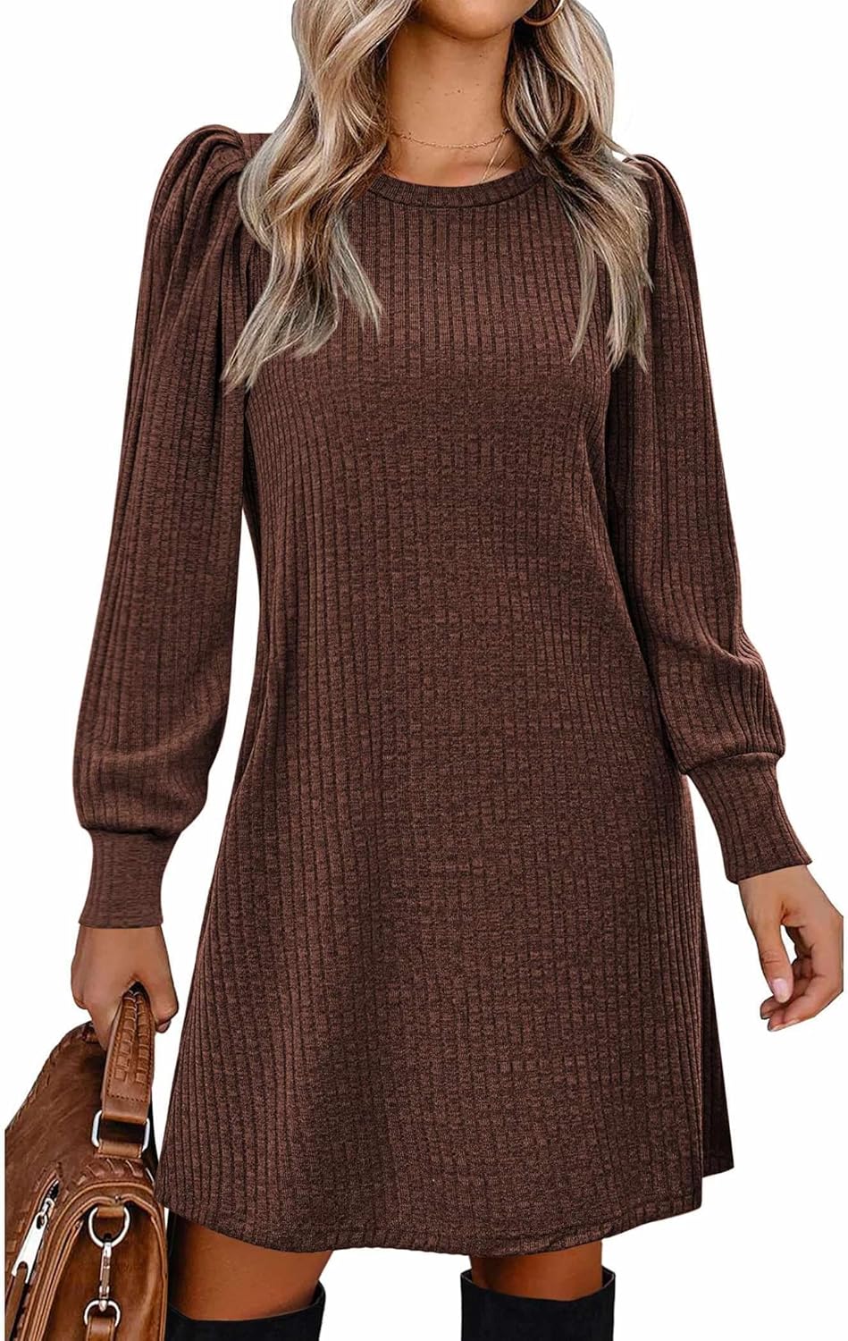 Zeagoo Women's Knit Dress with Puff Sleeves for Fall & Winter - Round Neck Casual Tunic Dress