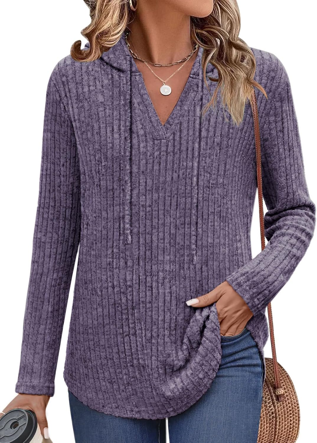 Lylinan Womens Long Sleeve Knit Hoodies V Neck Pullover Tops Ribbed Sweaters Fall Fashion Clothes S-XXL