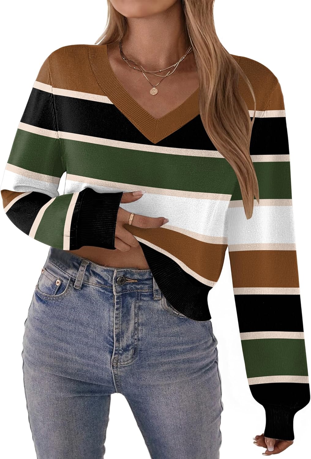 Zeagoo Women's 2025 Fall V-Neck Cropped Sweater Trendy Long Latern Sleeve Ribbed Knit Pullover Crop Tops