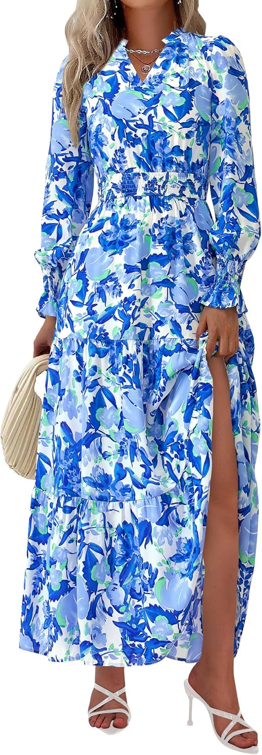 PRETTYGARDEN Women's Floral Maxi Dress 2025 Fall Long Sleeve V Neck Casual A Line Long Flowy Boho Party Dresses