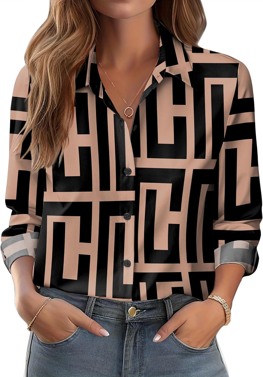 Zeagoo Button Down Shirts for Women Dressy Floral Printed Long Sleeve Blouse Business Casual Work Tops