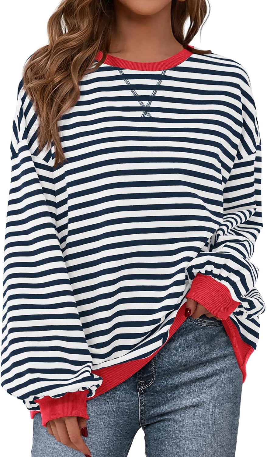 BTFBM Womens Oversized Striped Sweatshirt Crewneck Long Sleeve Pullover Top Casual Y2K Fall Clothes 2025 Workout Shirt
