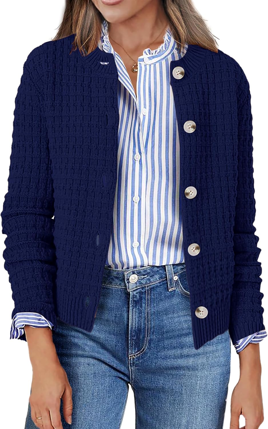 Zeagoo Women's 2025 Cardigan Sweaters Button Down Crew Neck Open Front Long Sleeve Knit Cropped Jackets