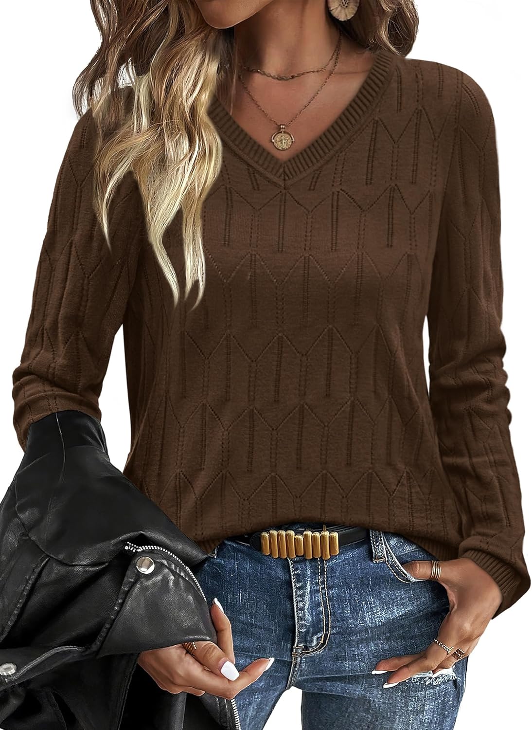 OFEEFAN Womens Sweaters Long Sleeve Shirts Fall Outfits 2025 V Neck Soft Knit Pullover Trendy Tops Dressy Casual Blouses