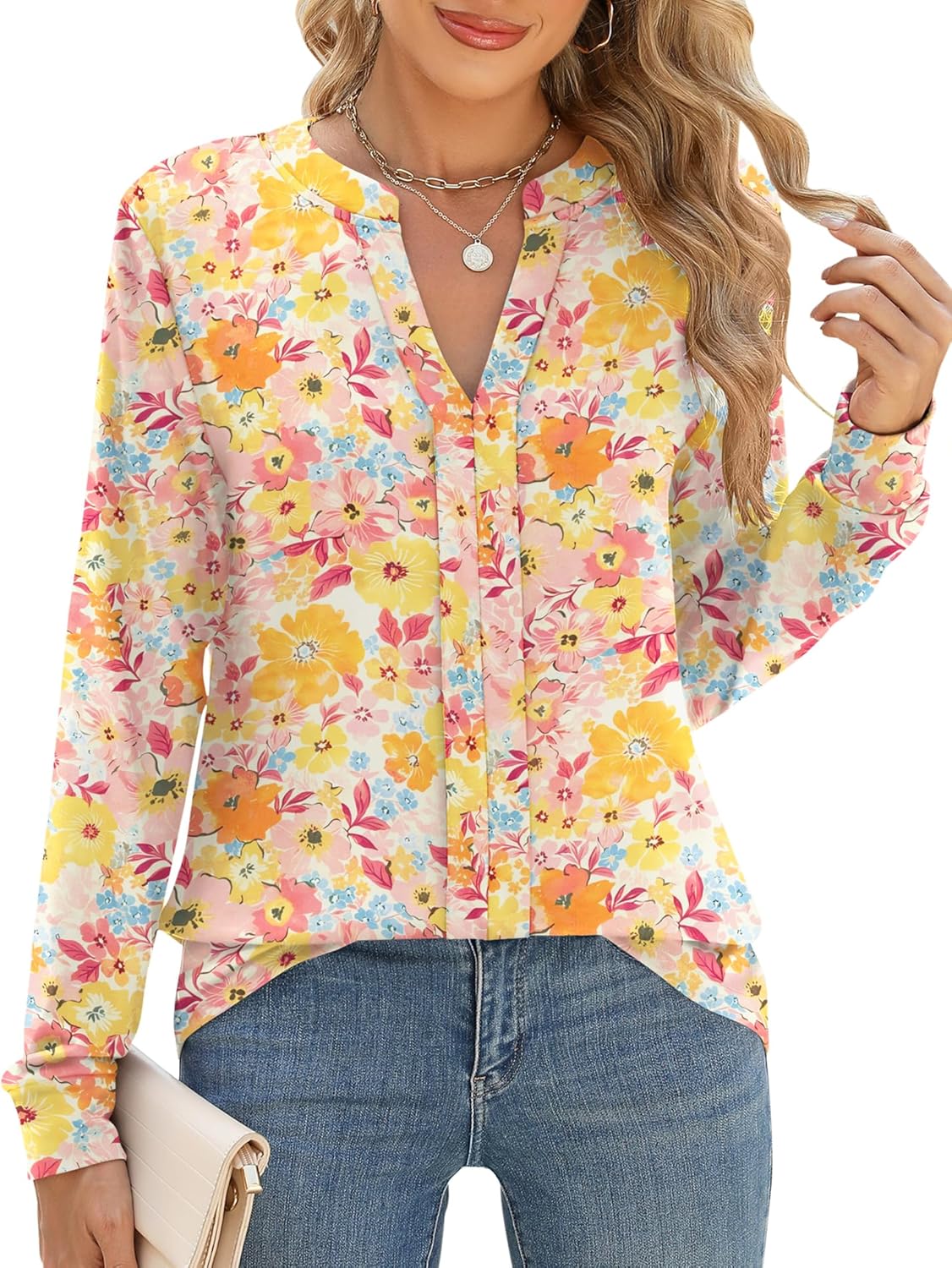 Micoson Womens Tops Dressy Casual Long Sleeve Business Knit T Shirts V Neck Pleated Work Blouses Loose Fall Trendy Clothes