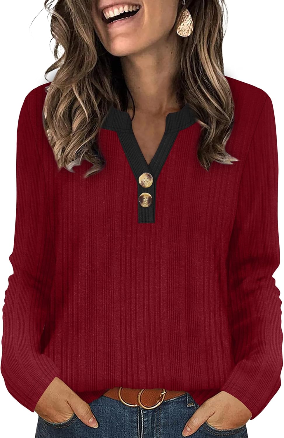 SAMPEEL Womens Sweaters Lightweight Long Sleeve Shirts V Neck Tops with Button Fall Outfits 2025