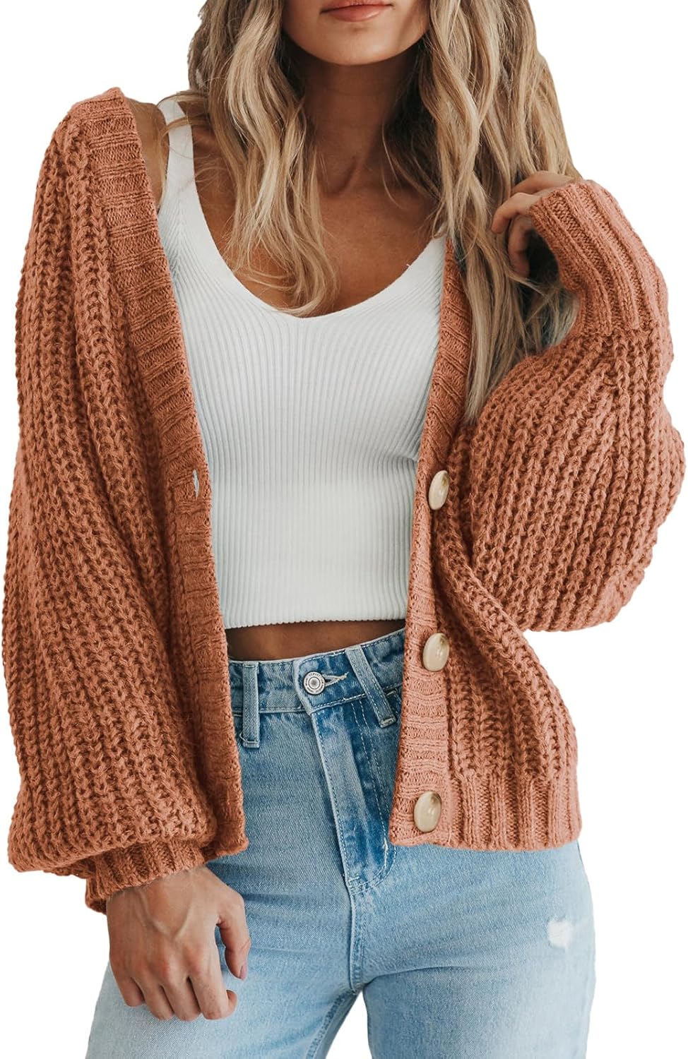 PRETTYGARDEN Women's Chunky Knit Open Front Sweater Long Sleeve Button Loose Short Cardigan Outerwear Coats