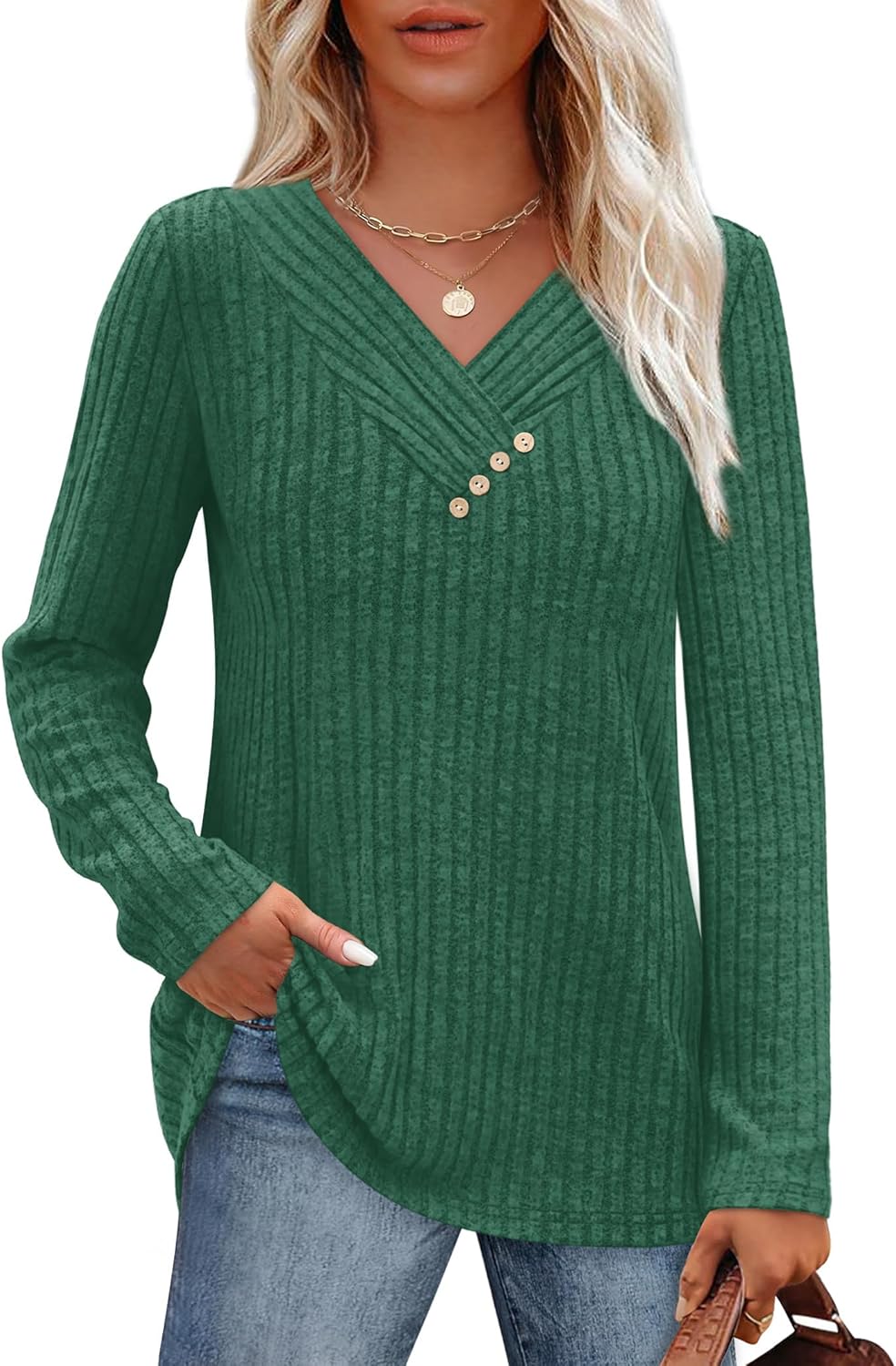SAMPEEL Sweaters for Women Long Sleeve Shirts V Neck Tops with Buttons Fall Fashion Outfits Winter Clothing 2025